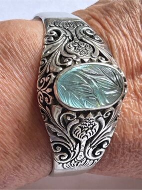 Vintage Antique Style Thistle Design Carved Aquamarine Intaglio Bracelet 950 55g